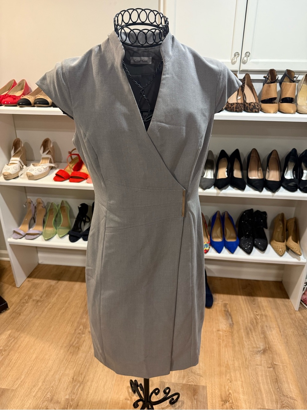 Calvin Klein Light Gray Wrap-Front Midi Dress